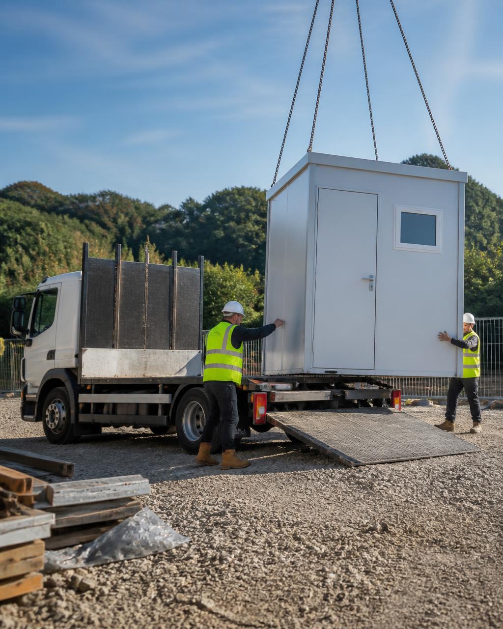 iPro Hire delivery team unloading a modern welfare unit on a Surrey site